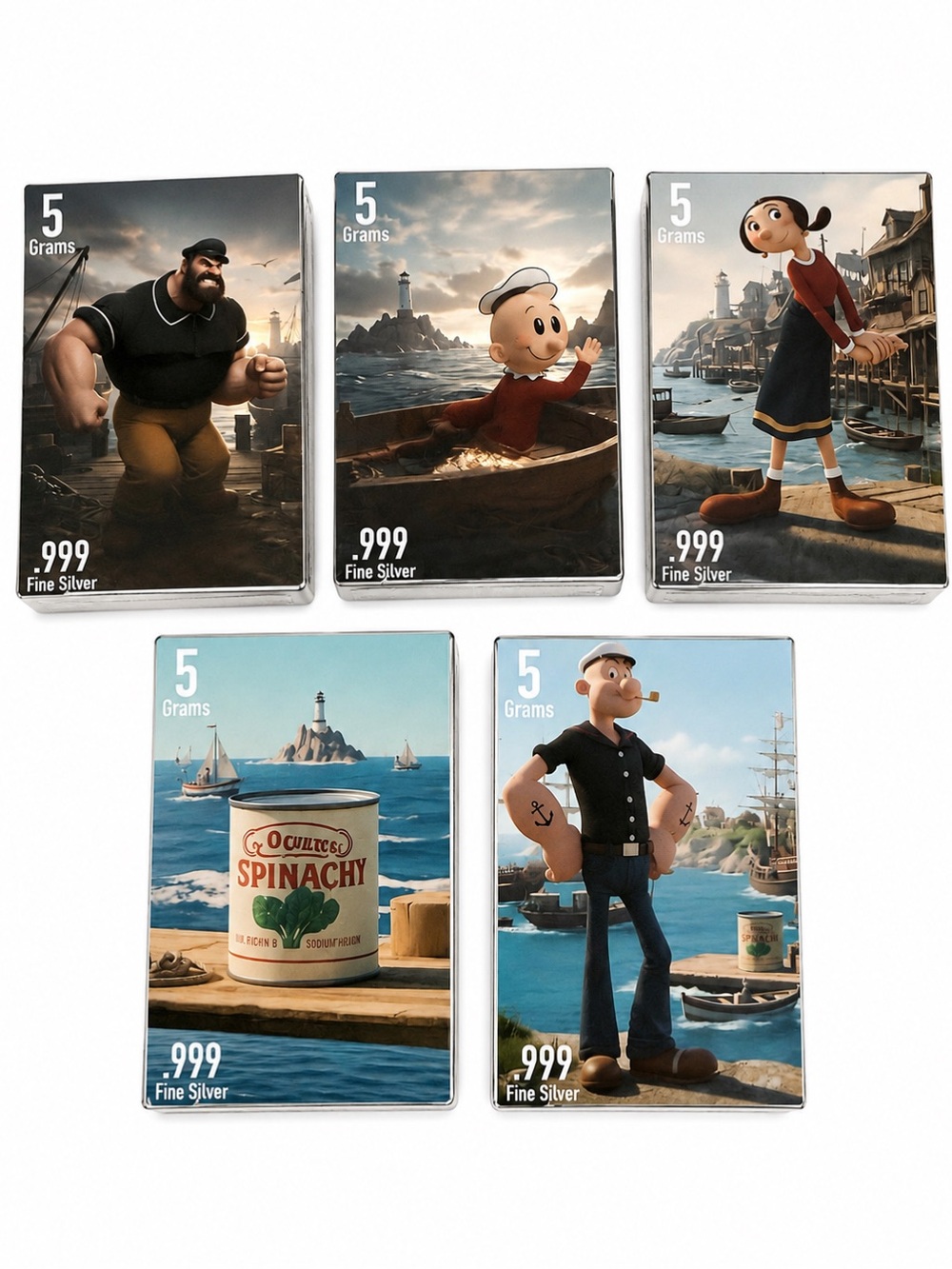 Pan Silver Co Popeye Series .999 Fine Silver 5 Bar Complete Set 25g